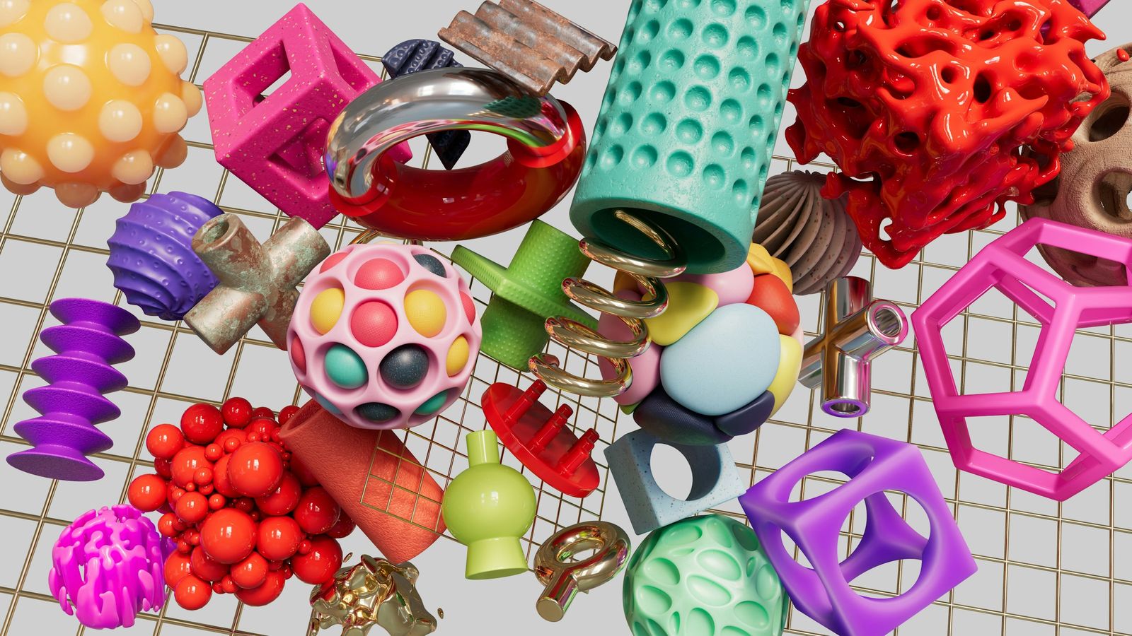 Colourful fidget toys and sensory shapes spread across a grid